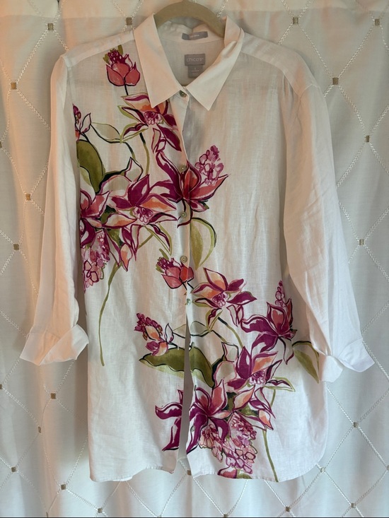 Chico's Tops - Chico's White Linen Shirt with Fuchsia Floral Print